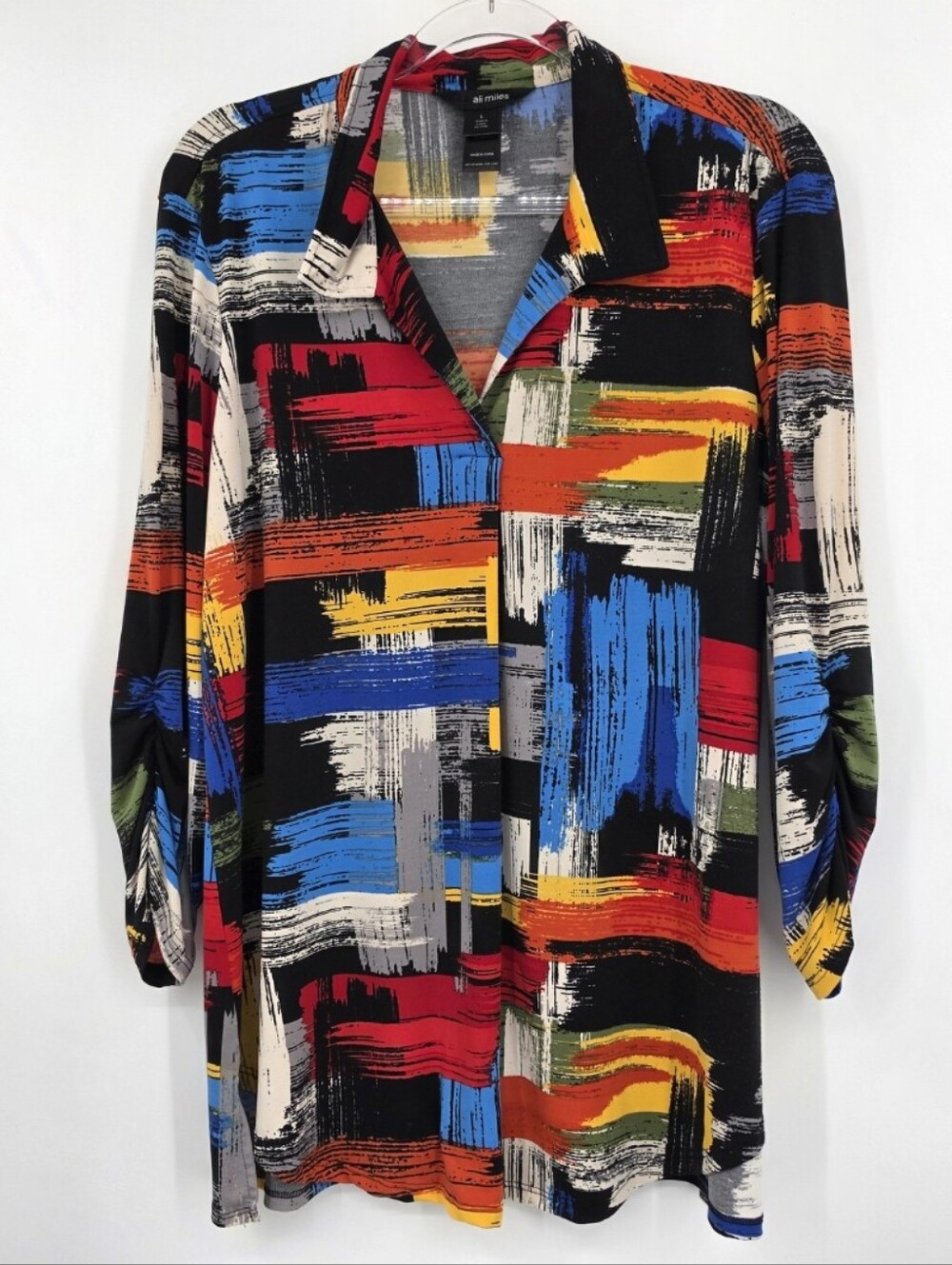 Ali Miles Vibrant Tunic Blouse Large Artsy Brushstroke Abstract 3/4 Sleeve